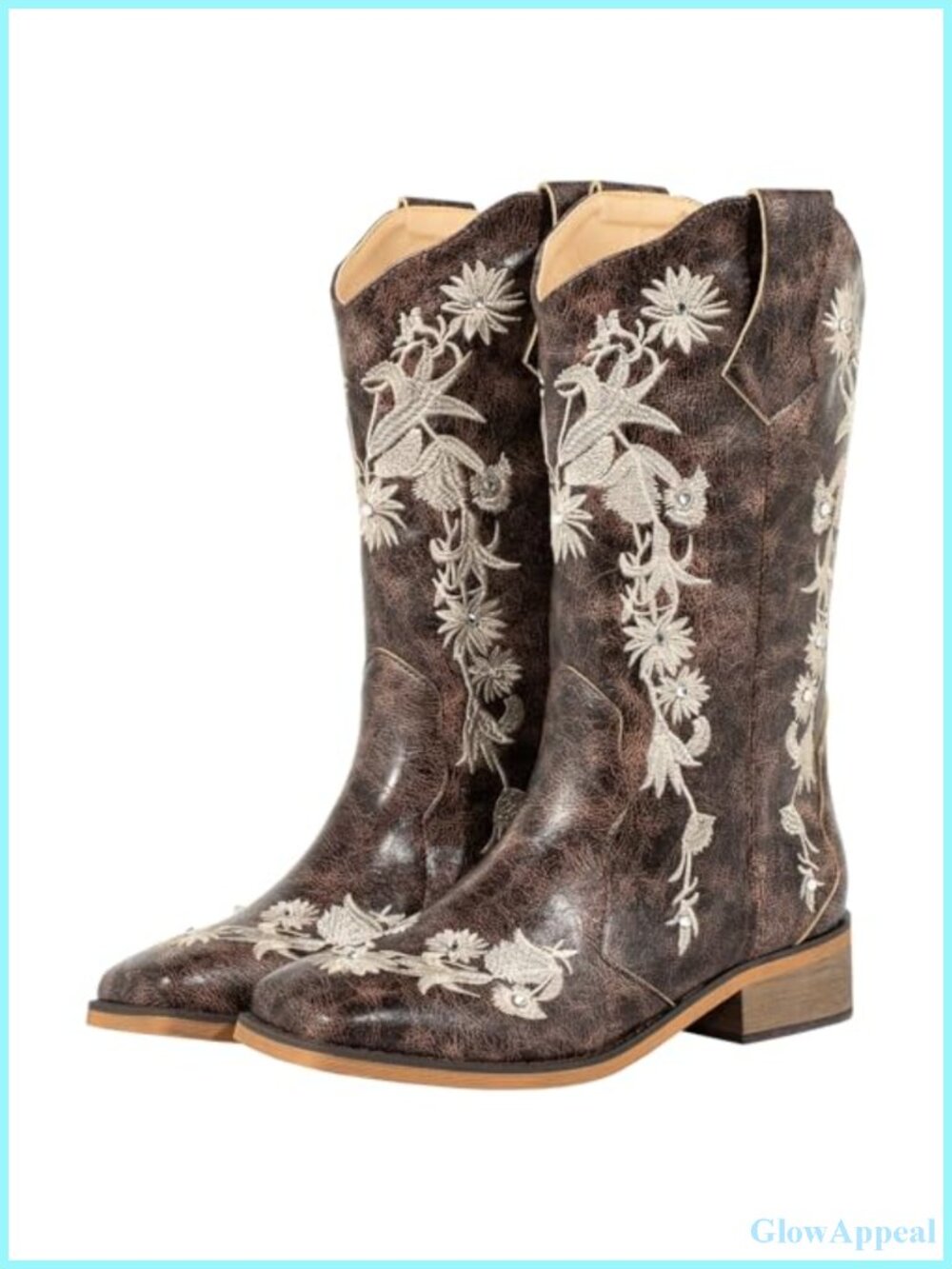 SheSole Women's Floral Rhinestones Square Toe Cowboy Boots Western Country